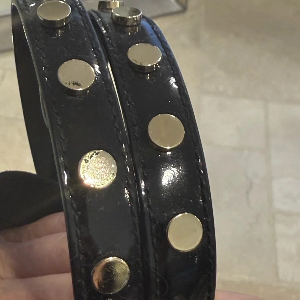 Escada Vintage early 1990's thin black patent belt with gold embellishments